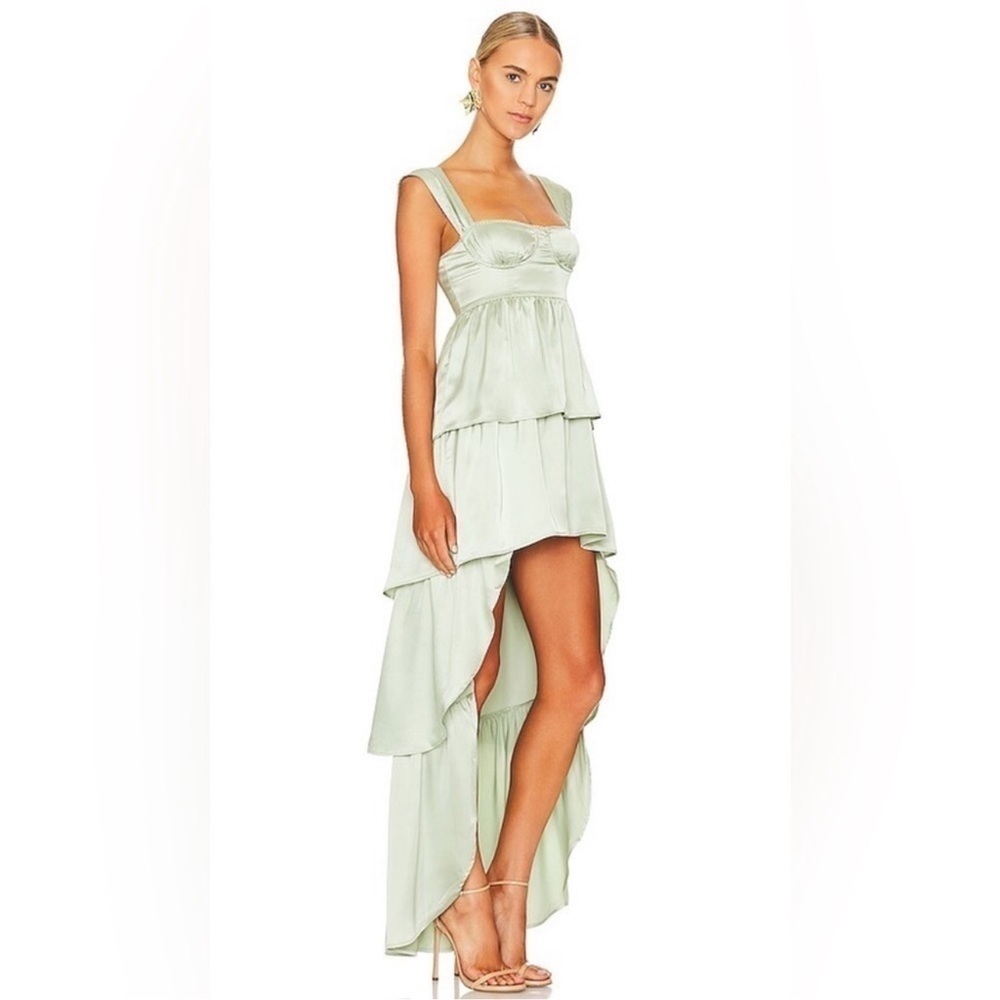We Wore What | Satin Corset Hi Low Maxi Fog Green